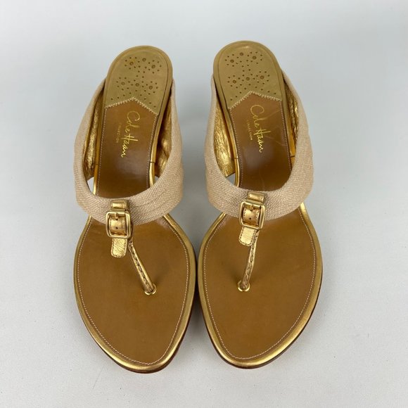 Cole Haan Gwen Air Womens Thong Heeled Sandals Natural Linen Buckle size 9.5 - Picture 2 of 16